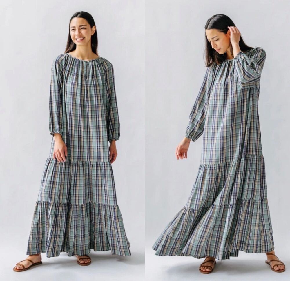 Mirth Ostuni Tiered Maxi Hand Loomed Cotton in Ocean Plaid Pockets Size Small